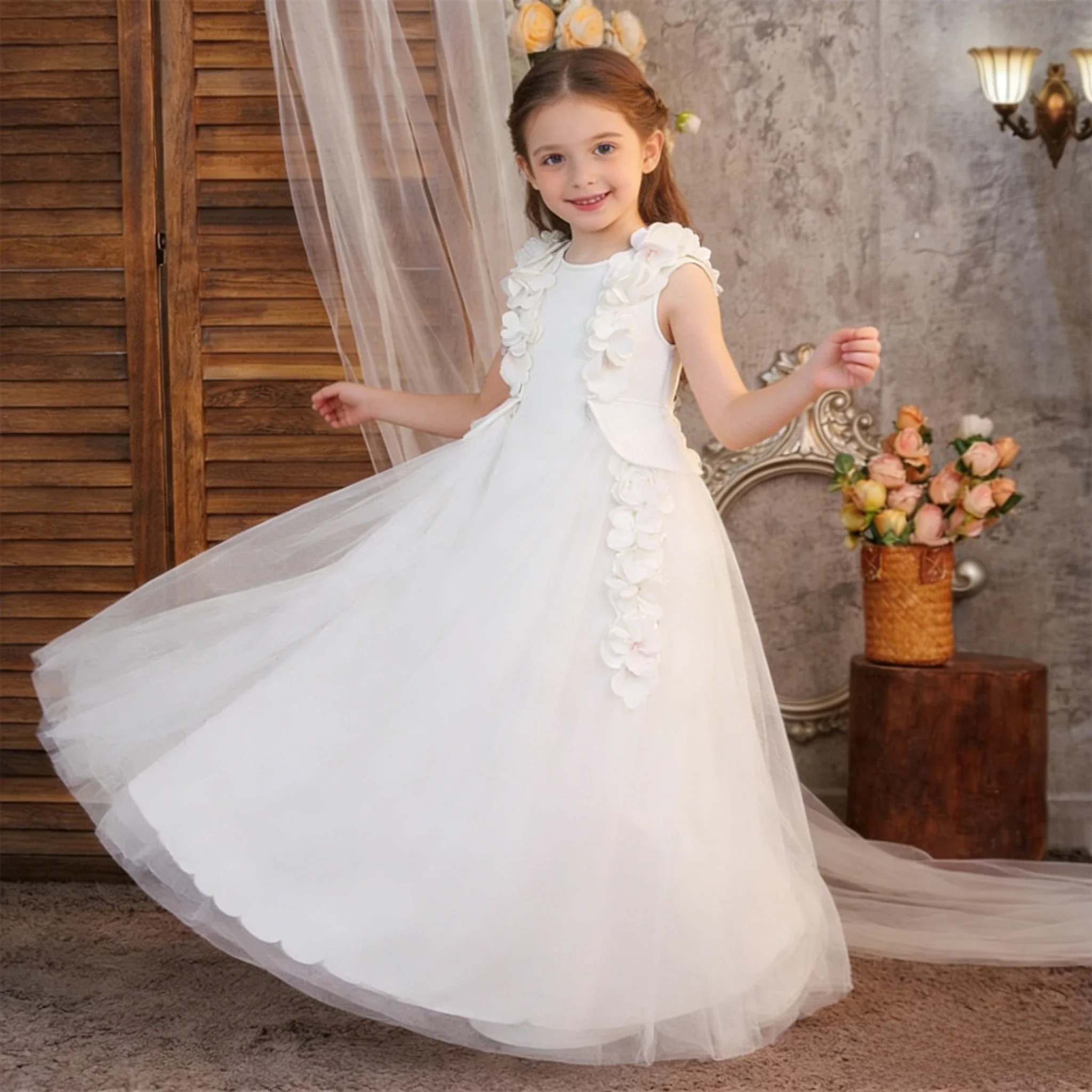 Baptism Bridesmaid Girls Dress Elegant Flower Birthday Party Princess Prom Dresses Girl Bow Wedding Pageant Evening Gown ASQ03