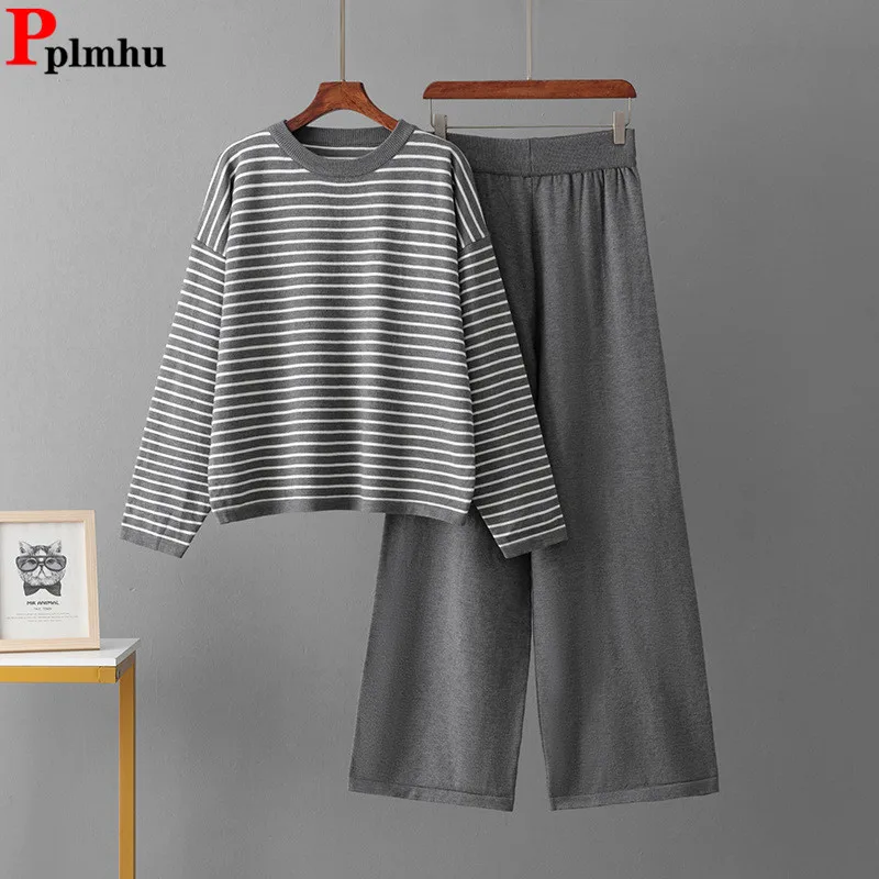 

Women Loose Knitted 2 Piece Sets Korean Striped Knitwears O-neck Sweater Tops Conjuntos High Waist Straight Pants Ensembles New