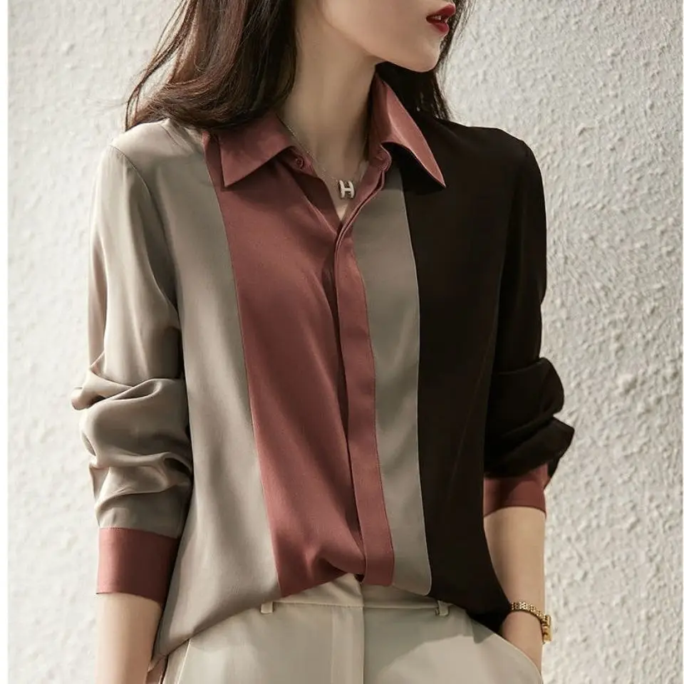 Mode Patchwork Striped Chiffon Frauen Shirt 2022 Frühling Neue Büro Dame Casual Pendler Revers Lange Hülse Taste Bluse Weibliche