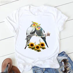 Cute Cockatiels/Parrot Bird Lovers Print T Shirt Girls Sunflower Flowers Tshirt Women Harajuku Kawaii Clothes Summer Tops Tee