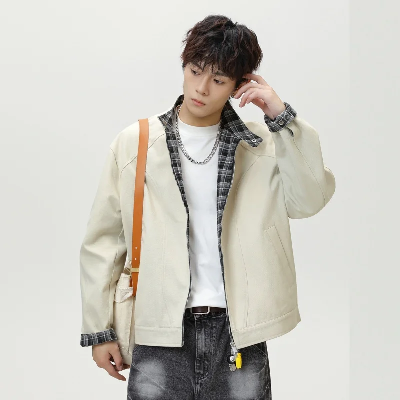 

Spring Autumn Plaid Splicing Design Men's Jaet Casual Canvas Stand Collar Open Cardigan Trendy ort Outerwear Coat