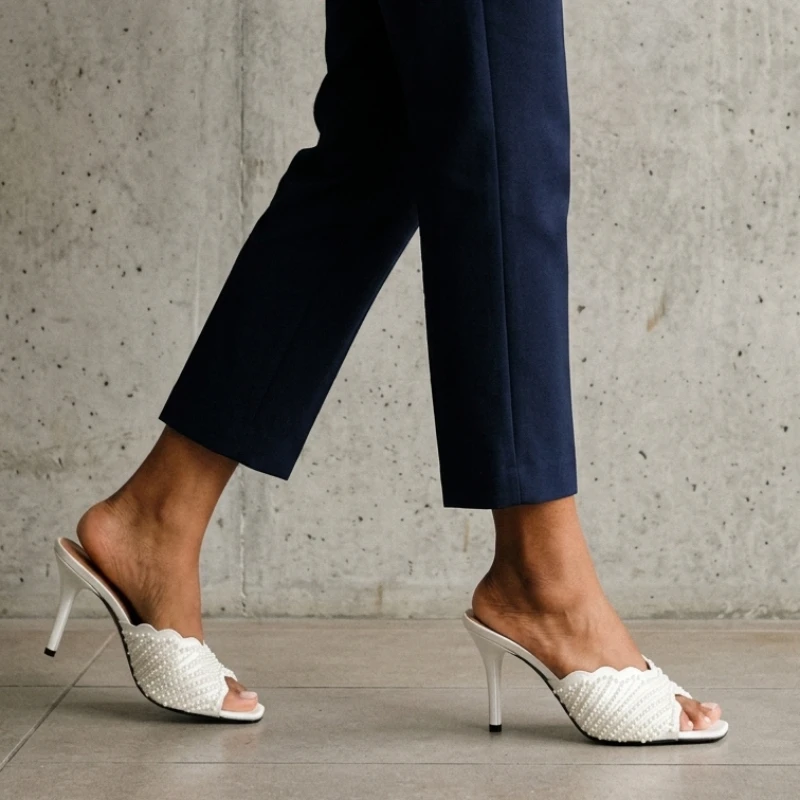 Pearl Beaded Women Mules Square Toe Stiletto High Heel Slides Elegant Sandals Summer Footwear for Wedding Party Daily Wear