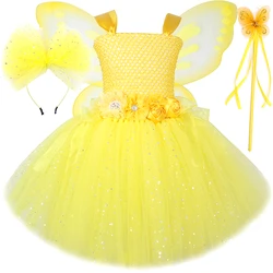 Sparkling Yellow Fairy Costume for Girls Christmas Halloween Angel Elf Princess Dresses with Wings Set Kids Birthday Tutu Outfit