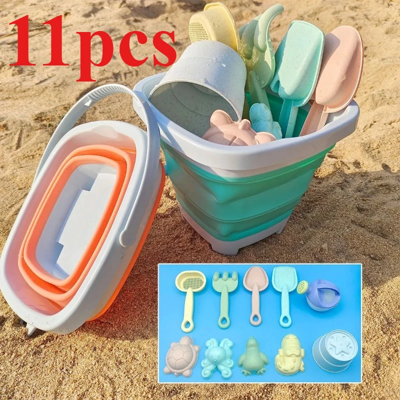 

11 шт., набор для игры в пляжный песок, складное ведро, летние игрушки для детей, детские игры на открытом воздухе, аксессуары для песочницы, разные цвета