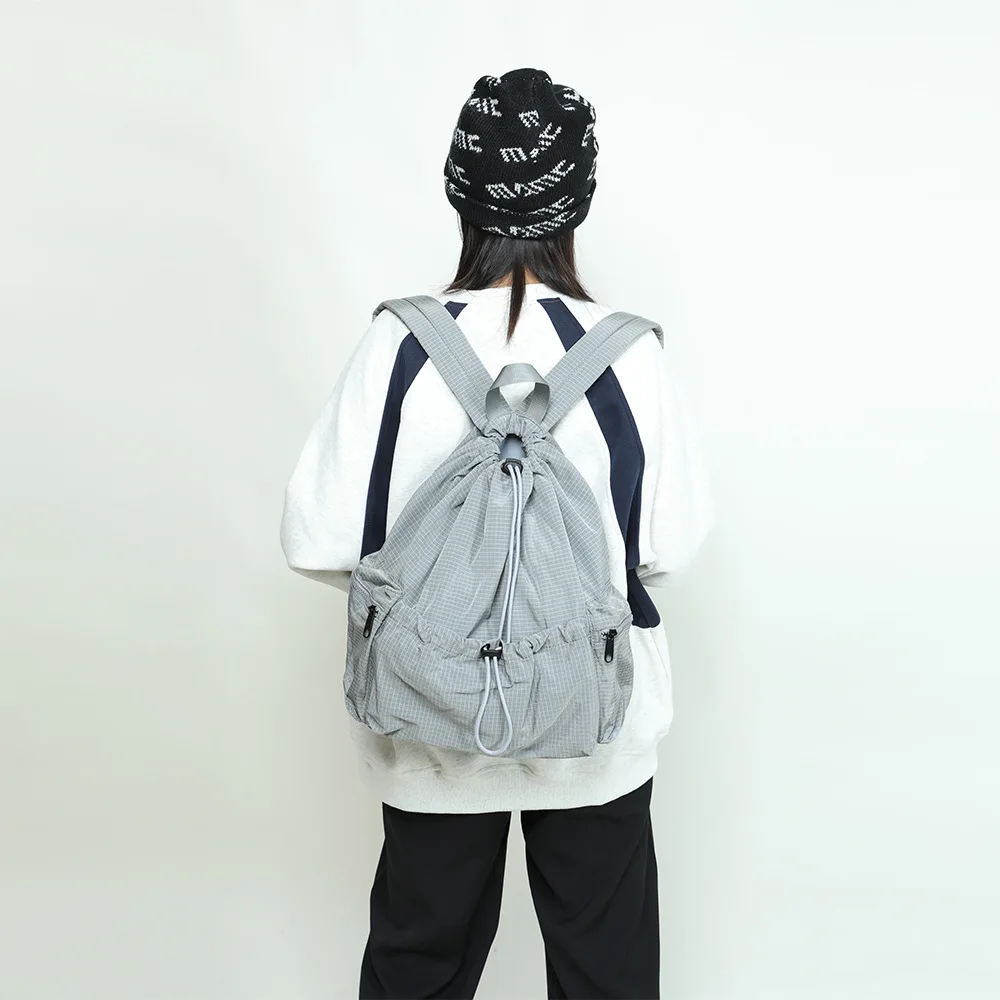 

2025 Korean Drawstring Backpack Plaid Casual Daypack Women's Lightweight Schoolbag Purse