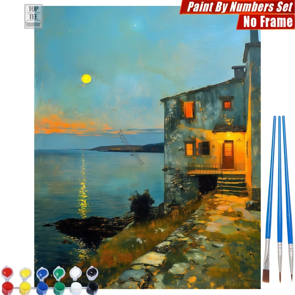 

Seaside dusk scene Paint By Number Kit - Yellow moon house Creative Family Fun Halloween Gift For Friend