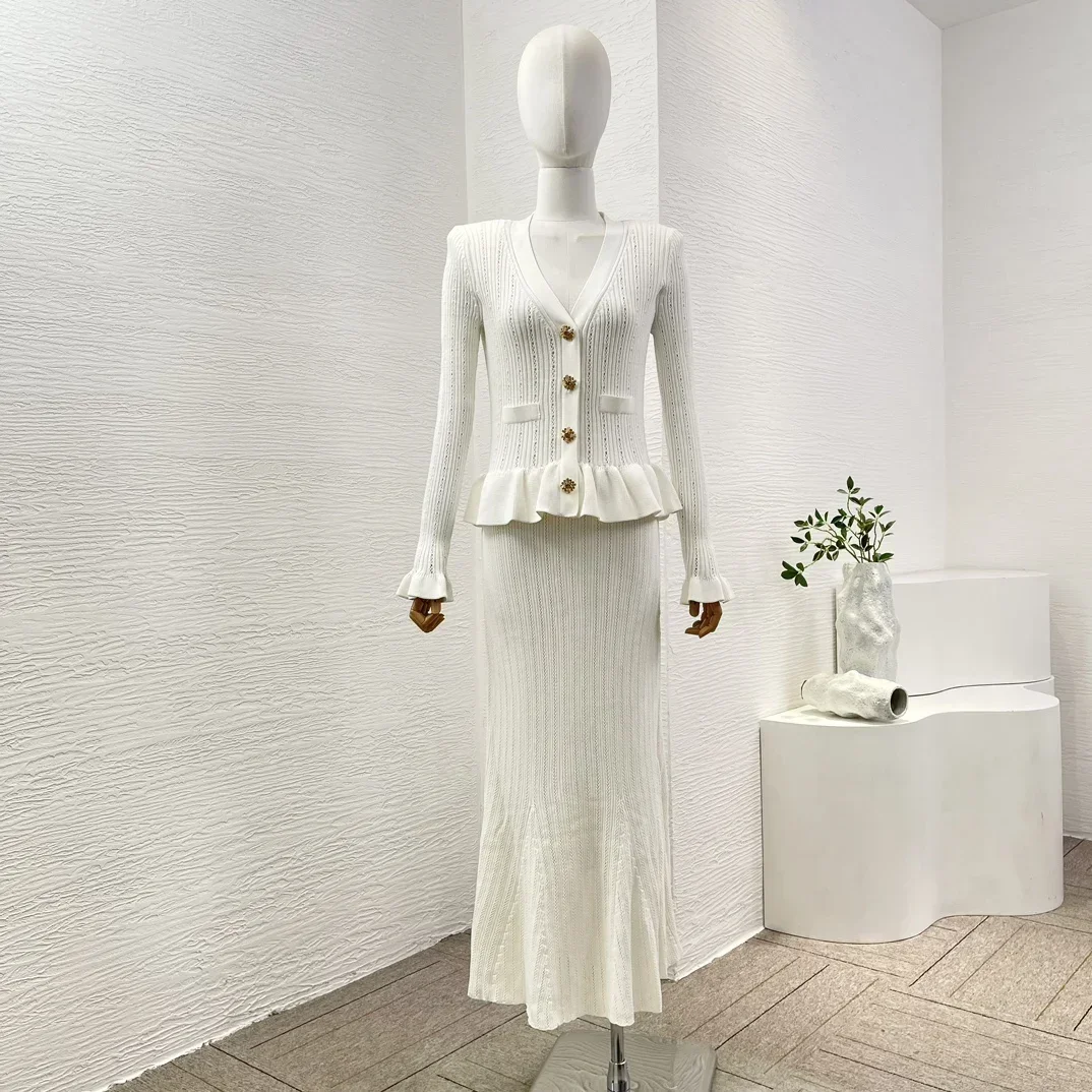 Lady New Design Collection Top Quality White Ruffles Full Sleeve Elegant Women Mermaid  Midi Dress