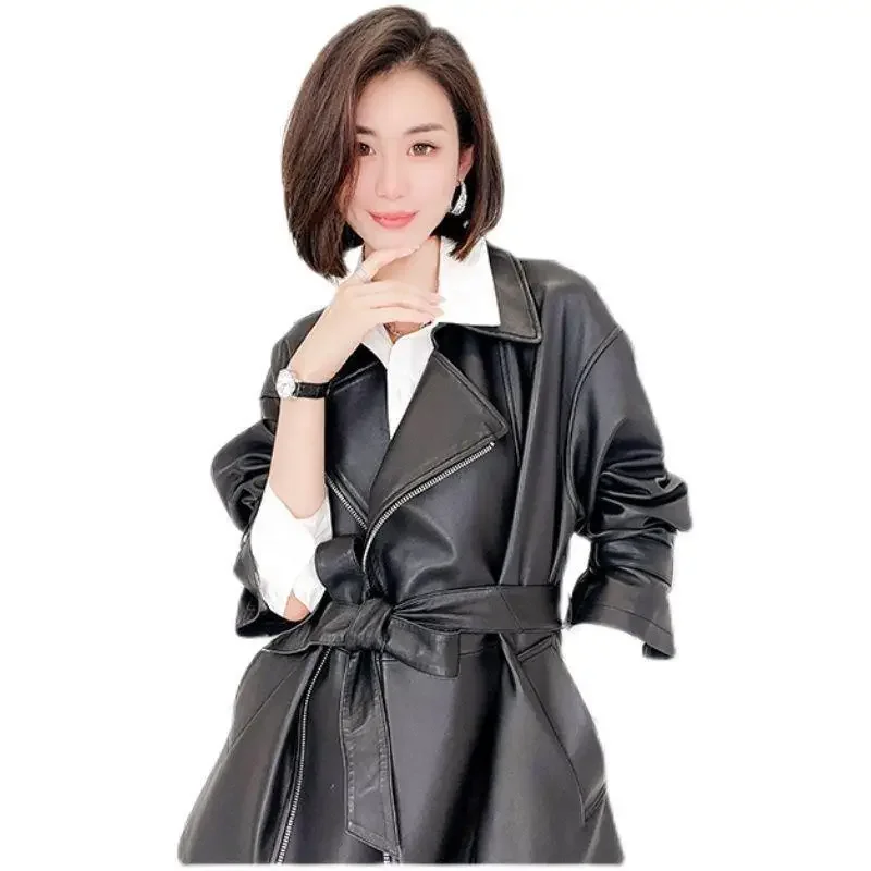 Genuine Leather Clothing Women's Sheepskin Coat Ladies Mid Long Motorcycle Style Belt Zipper Jackets and Coats Chaqueta Mujer FC