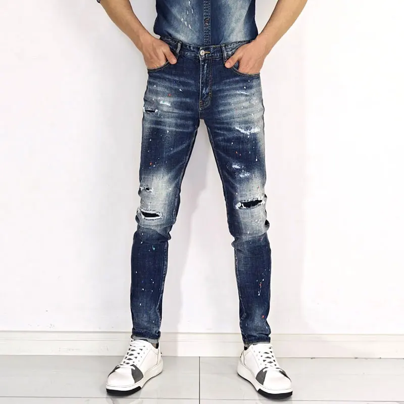 Men Dark Blue Vintage Washed Striped Ripped Splash Ink Stretch Slim Skinny Jeans Mid Rise Hip Hop Streetwear Denim Jeans hombre