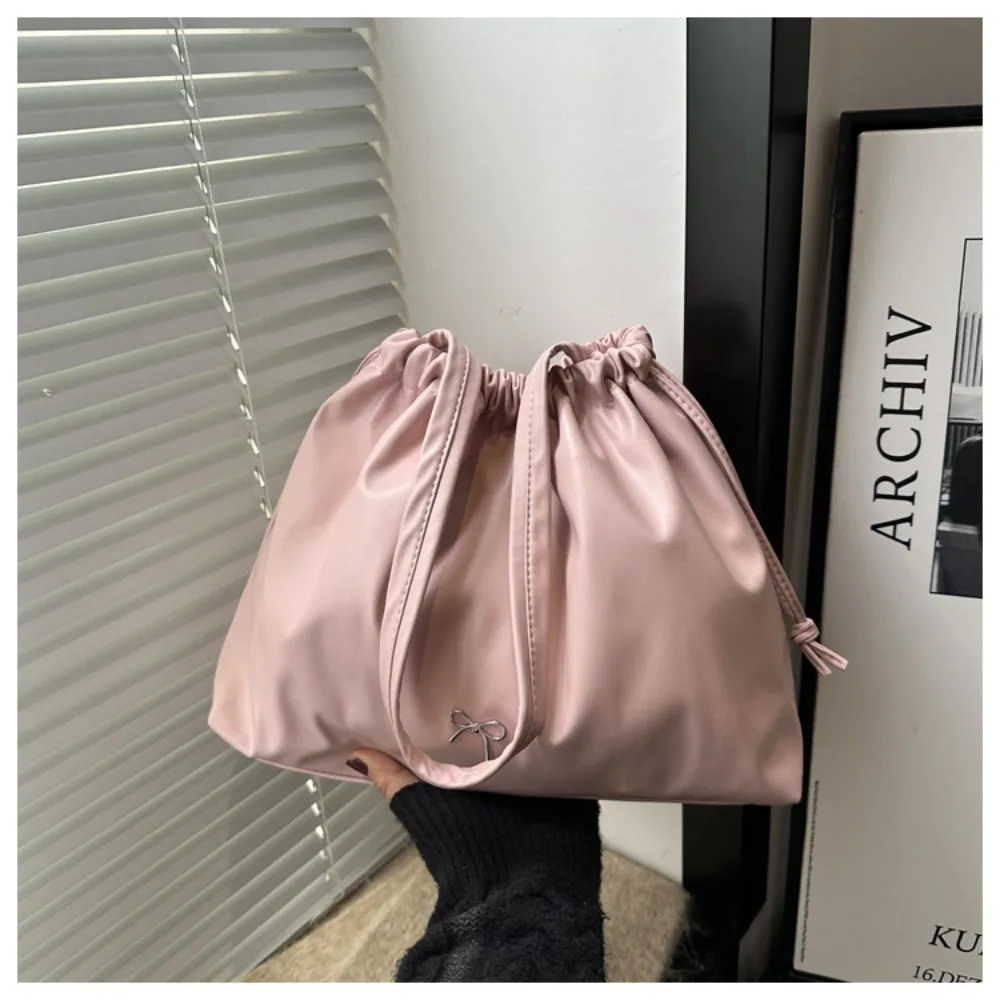 Versatile Pleated Bucket Bag Large Capacity Multifunctional Drawstring Bag Solid Color Tote Bag Women