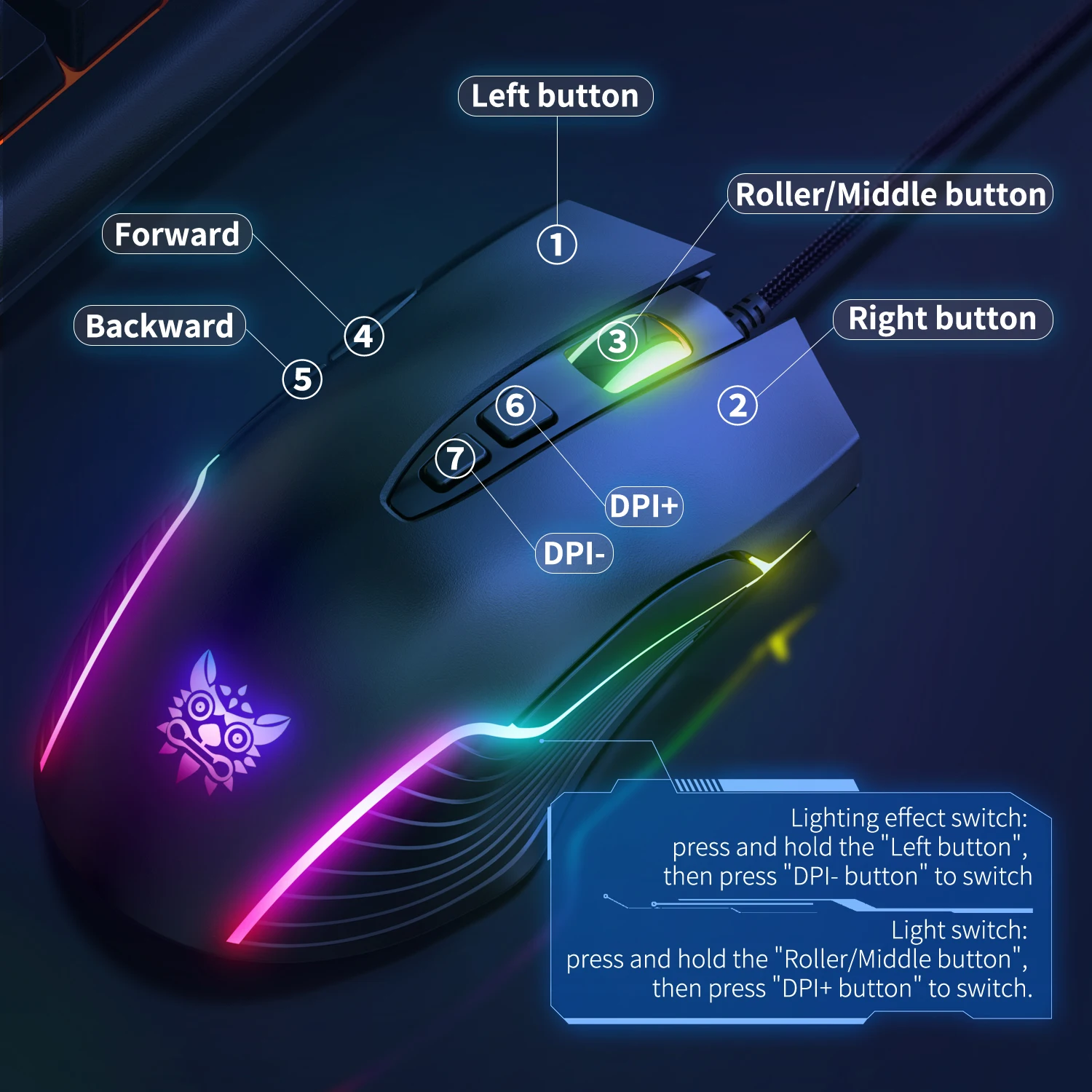 ONIKUMA CW905 Mouse da gioco cablato Livelli regolabili 6400 DPI Pulsanti programmabili Modalità di illuminazione RGB Mouse ergonomici per PC Gamer