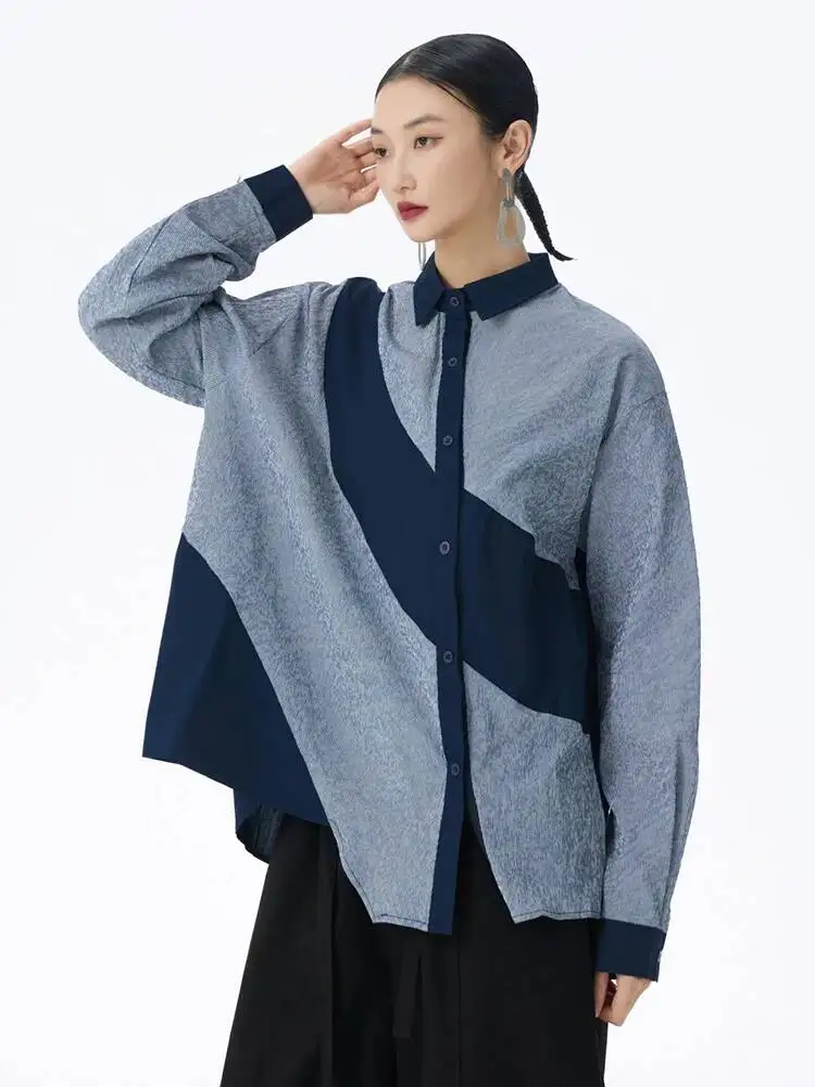 

Женская синяя повседневная блузка большого размера неправильной формы, новая рубашка с длинными рукавами и лацканами, модная весна-осень