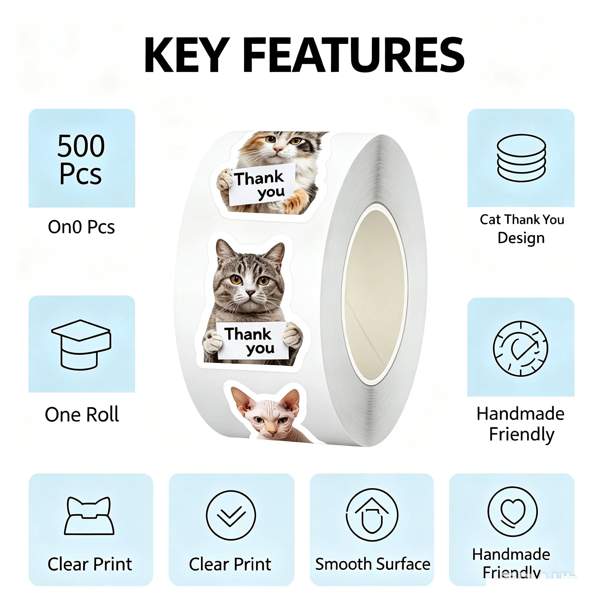 500Pcs Cute Cat Thank You Stickers Self Adhesive Roll Decals for Gift Packaging DIY