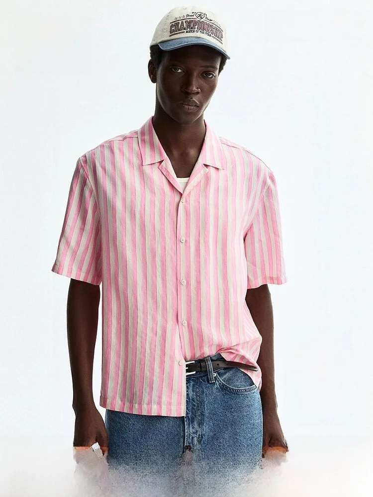 

H&M Men's Casual Style Cuban Collar Shirt Standard Fit Short Sleeve Regular Length Open Cardigan Spring 2026 Striped Button D...