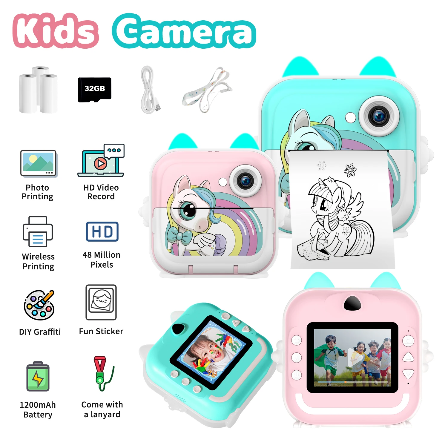 MISIRUN Kids Camera Instant Print Boys Girls Gift Children Digital Video Camera Photo Thermal Printing 32G Card Educational Toys