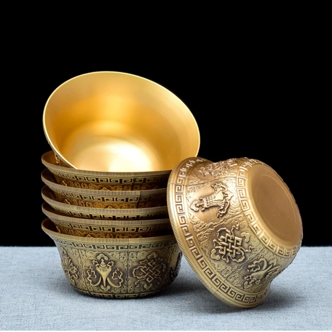 Tibetan Brass Offering Bowl With Eight Auspicious Emblems Relief Carving Home Shrine