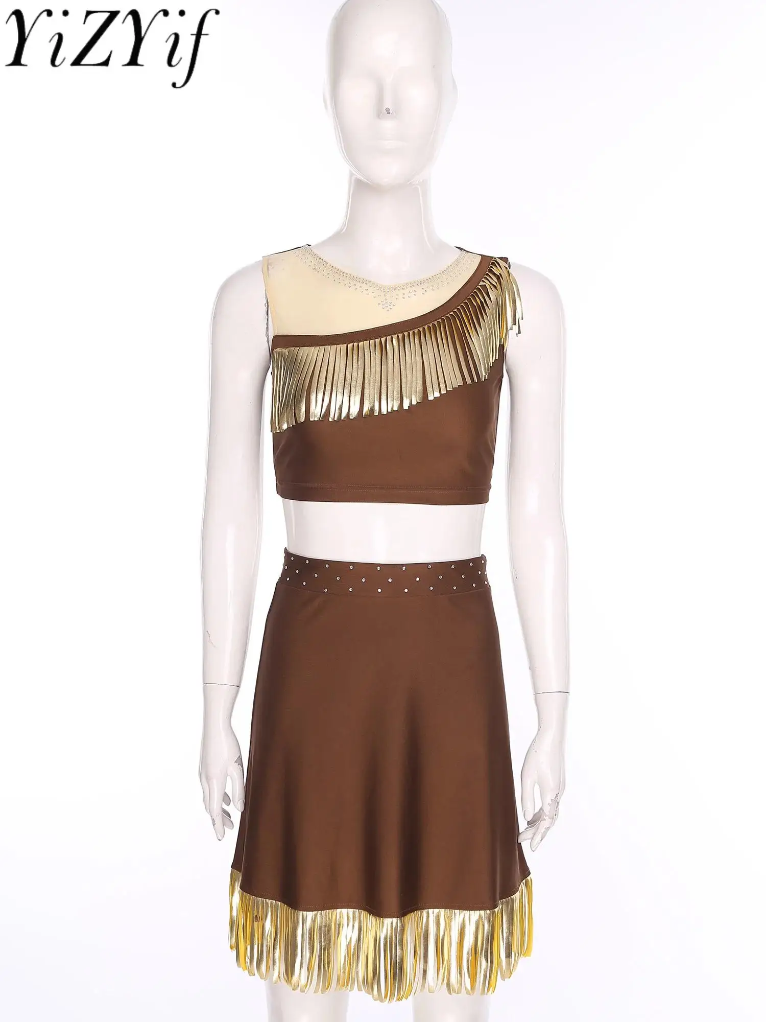 

Женская стильная индейская одежда для косплея на Хэллоуин, винтажная майка с металлической кисточкой и мини-юбка, комплект для вечеринки, карнавала