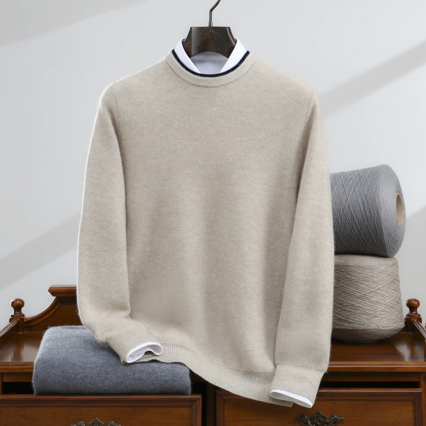 

Men's 100% Cashmere Round Neck Sweater Light Luxury Casual Loose Long-Sleeved Knitted Pullover for Autumn Winter Clothes