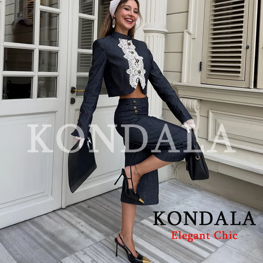 KONDALA Damen Schickes Vintage-Shorts-Set, Spitzenbesetzter Kurzblazer, Shorts mit Knopfbesatz, 2026 Frühherbst Trendiger Eleganter Pendleranzug – Detail 5