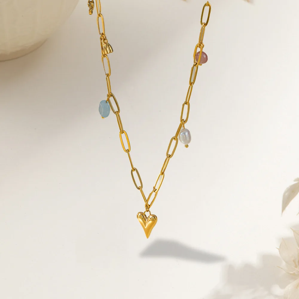 Fashion Creative Niche Personality Matching Jewelry, Freshwater Pearl Gilded Heart & Lotus Seedpod Natural Stone Necklace
