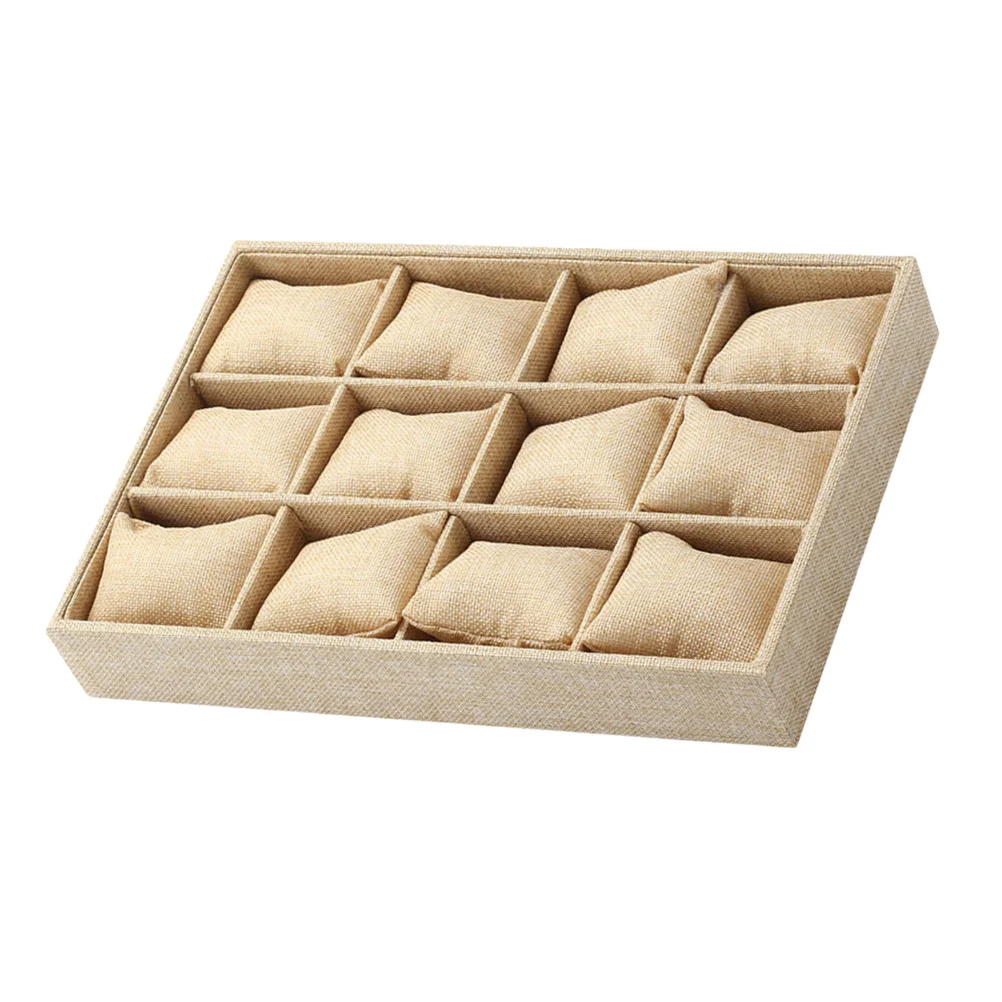 Delicate Multi-lattice Watch Case Pillow Design Storage Tray Flannelette Watch Storage Box (Linen Color)