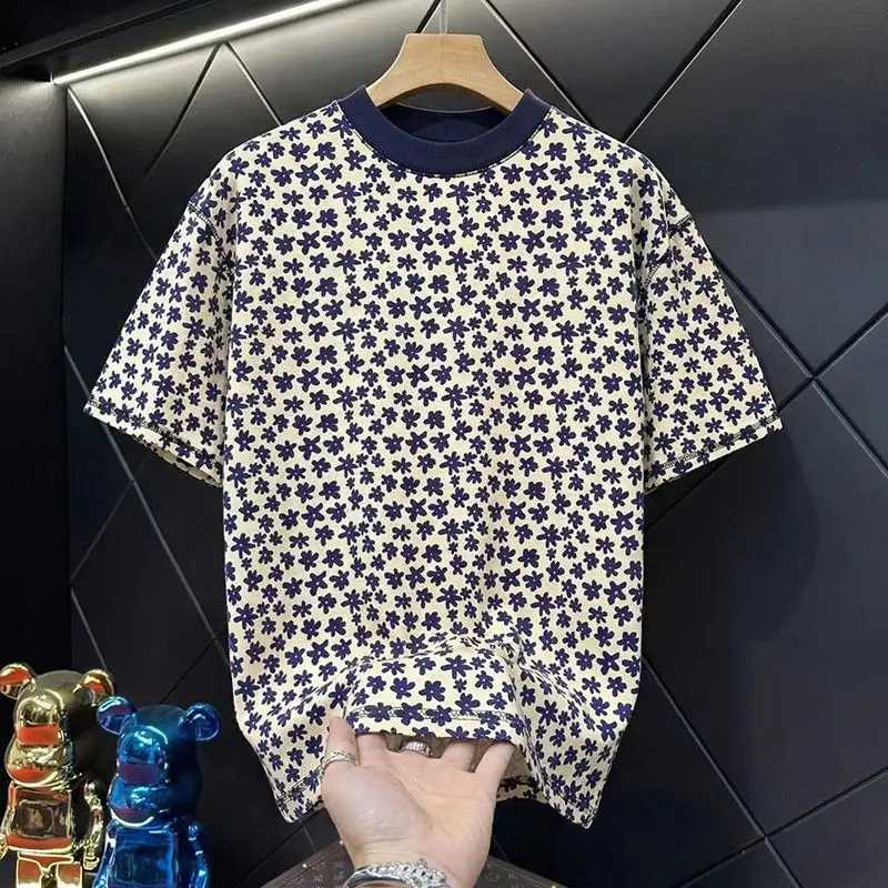 Men's Floral Print Short Sleeve T Shirt Casual Round Neck Breathable Cotton Blend Tee for Summer Daily Wear