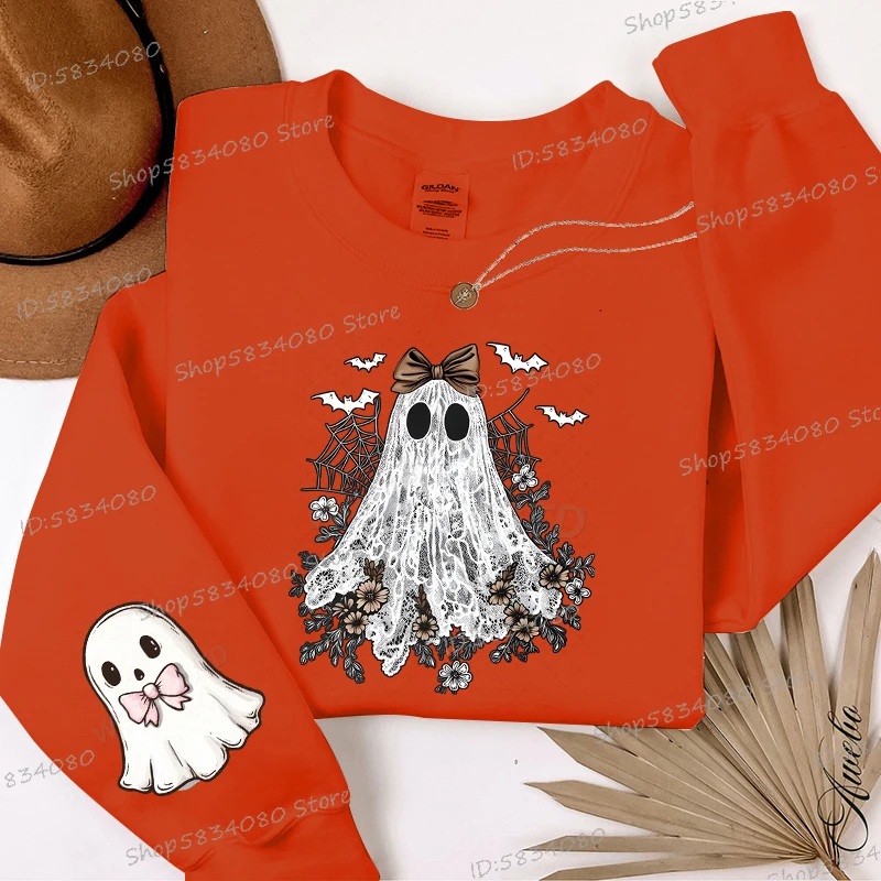เสื้อสเวตเตอร์ลูกไม้ผีน่ารักฮาโลวีนจัมเปอร์ลายดอกไม้ผีสุดหลอนฤดูกาลเสื้อสำหรับผู้หญิงใหม่ฮาโลวีนเสื้อคลุมมีฮู้ดผีน่ารัก
