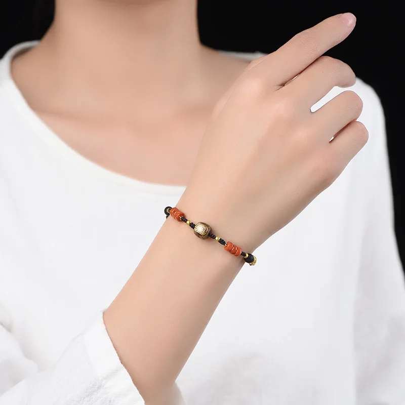 Chinese Style Lucky Blessing Red Jade Five Sutra Sandalwood Beaded Bracelet Handmade Tibetan Braided Bracelet For Men Women Good