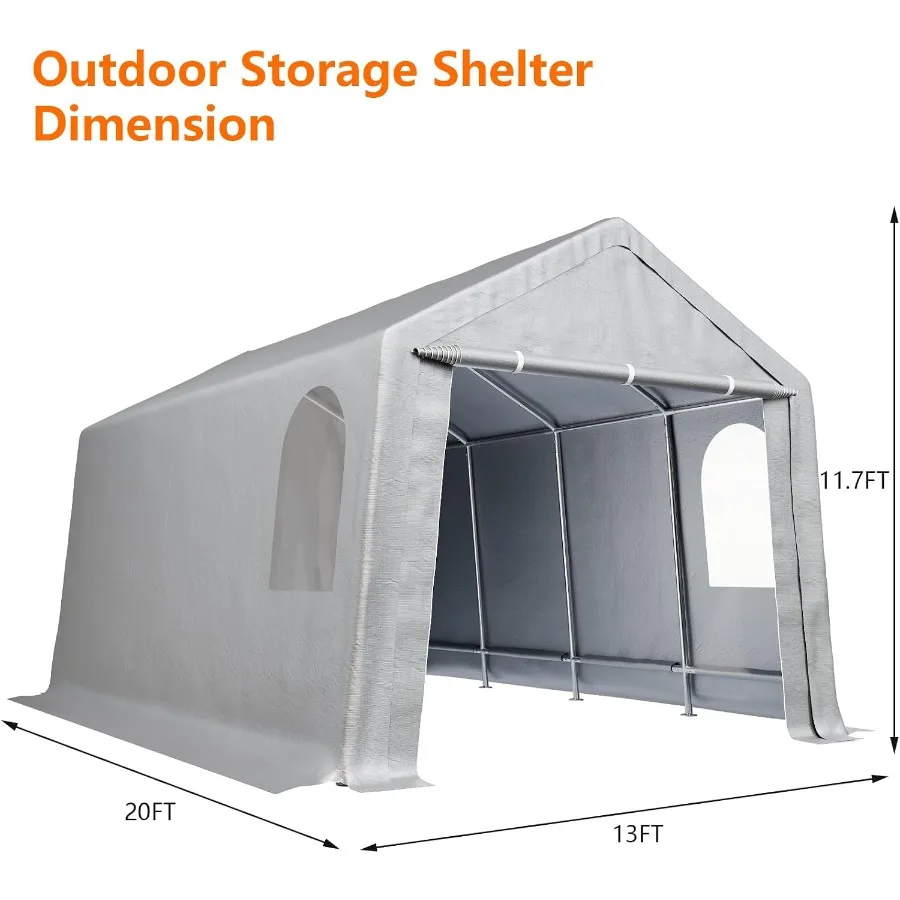 Outdoor Car Canopy For Vehicle And Garden Tools Storage, Heavy Duty Waterproof UV Resistant Gray Polyethylene With Roll-Up Zipp