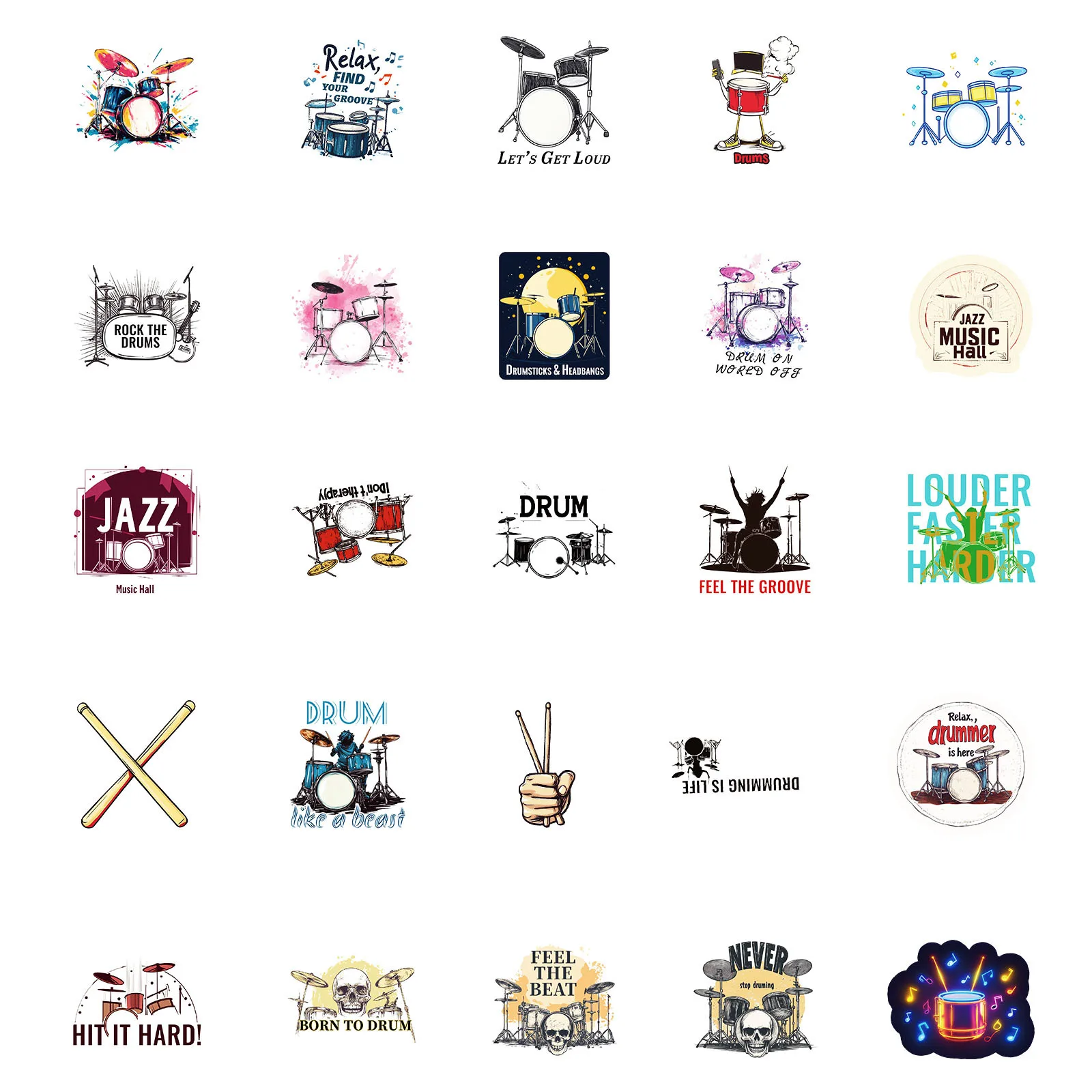 50pcs กลองเครื่องดนตรี Niche Graffiti โทรศัพท์มือถือกรณีเดสก์ท็อปถ้วยน้ําบัญชีมือวัสดุตกแต่งสติกเกอร์กันน้ํา