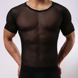 Men's Mesh See-through Fishnet T Shirt 섹시한 반소매 나이트 클럽 착용 티셔츠 남성 파티 수행 Streetwear Tops Undershirt