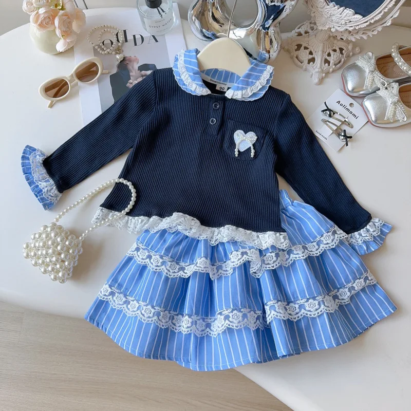 

2025New Autumn Baby Girl Fake Two-Piece Doll Collar Patchwork Knitted Top and Skirt Sweet Two-Piece Set