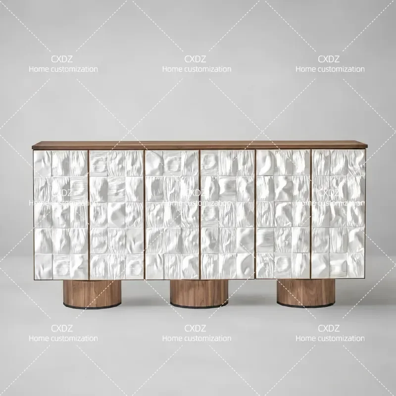 Modern Simple White Wood Side Cabinet with Geometric Texture Engraving Multi Door Locker Round Base Medieval Style Storage