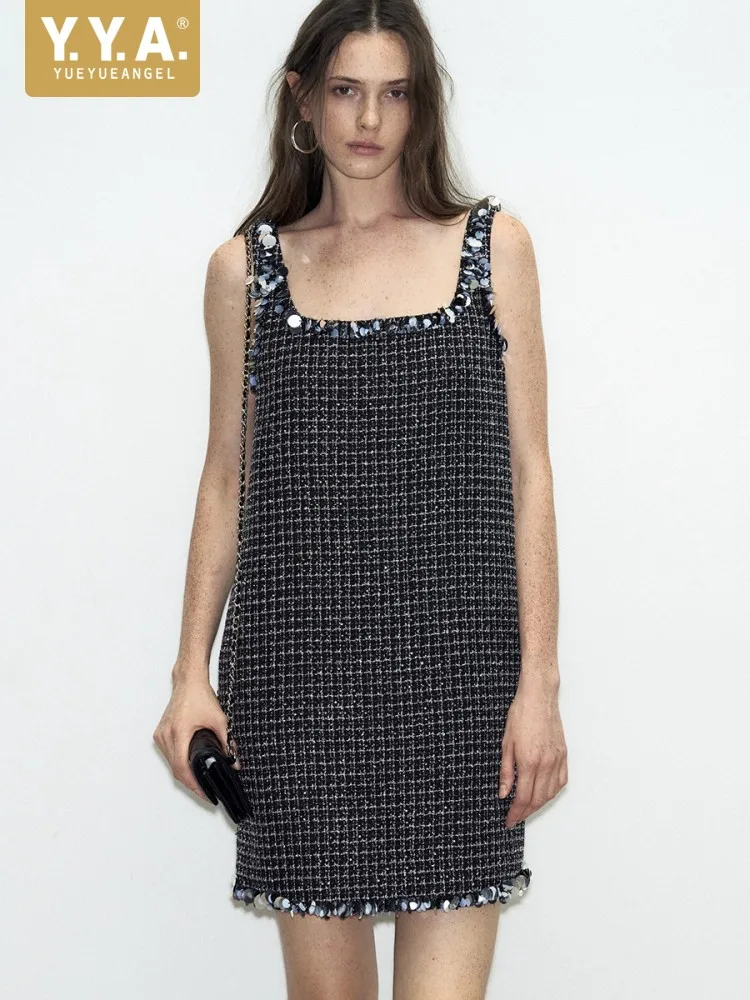 Office Ladies Square Collar Sequins Black Tweed Dress High Quality Above Knee Dresses Sleeveless Straight Elegant Party Sundress
