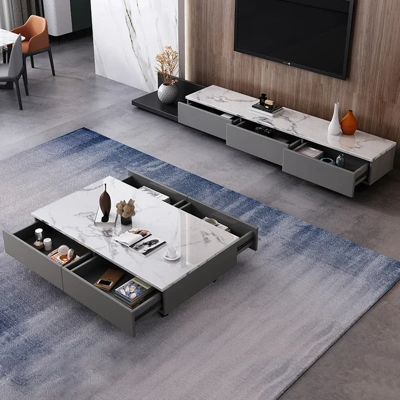 

Nordic Marble TV Cabinet and Tea Table Combination Modern Simple Retractable Small Apartment