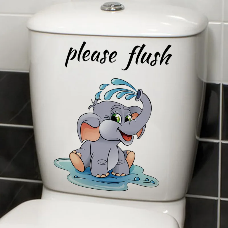 Funny Cute Elephant Toilet Tank Sticker, Waterproof Vinyl Bathroom Wall Decal Please Flush Restroom Home Decor