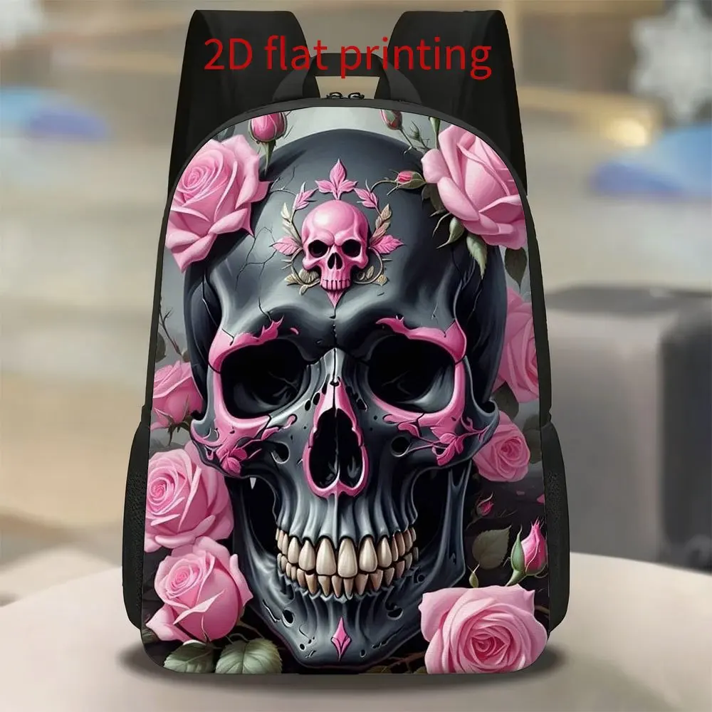 

1 black skull with pink rose backpack | Cute and lightweight, large capacity, adjustable shoulder strap, zipper closure