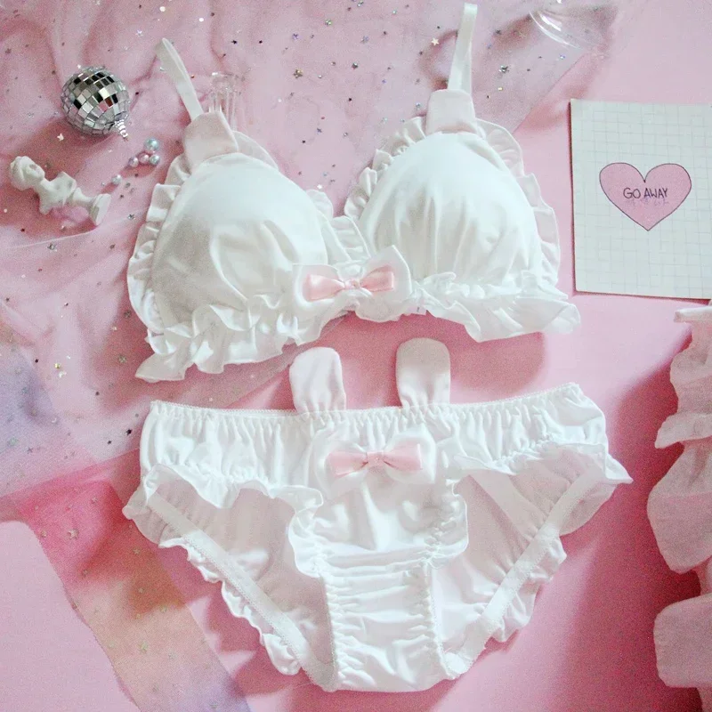 Conjunto de ropa interior japonesa Lolita Kawaii para mujer, sujetador y bragas con volantes de lazo blanco, lencería Sexy con orejas de conejo, conjunto de sujetadores