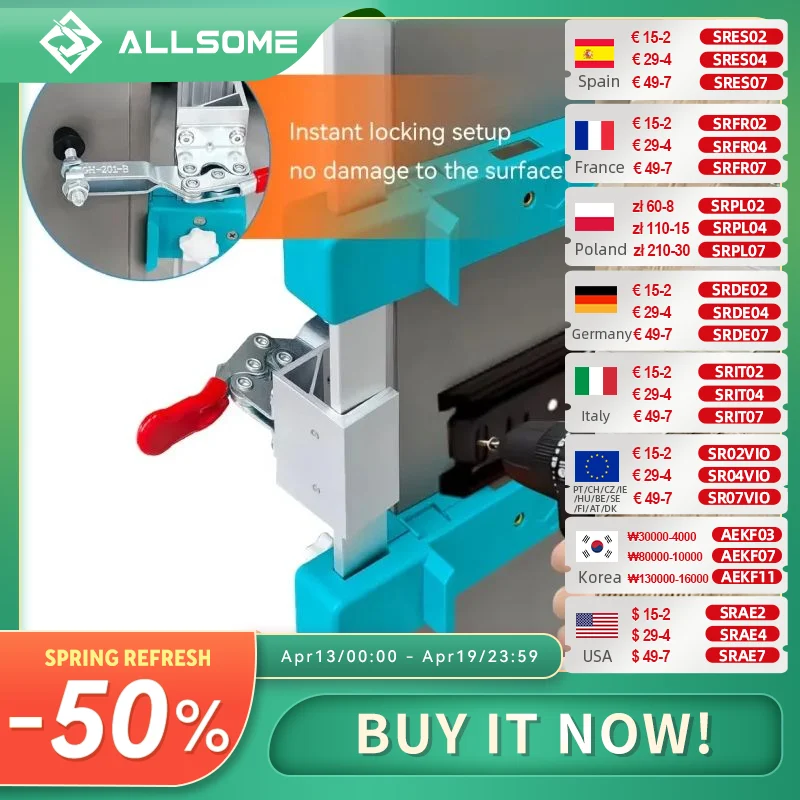 

Приспособление для установки направляющих ящиков Allsome с тумблерным зажимом, приспособление для фурнитуры шкафа с магнитным локатором перфоратора