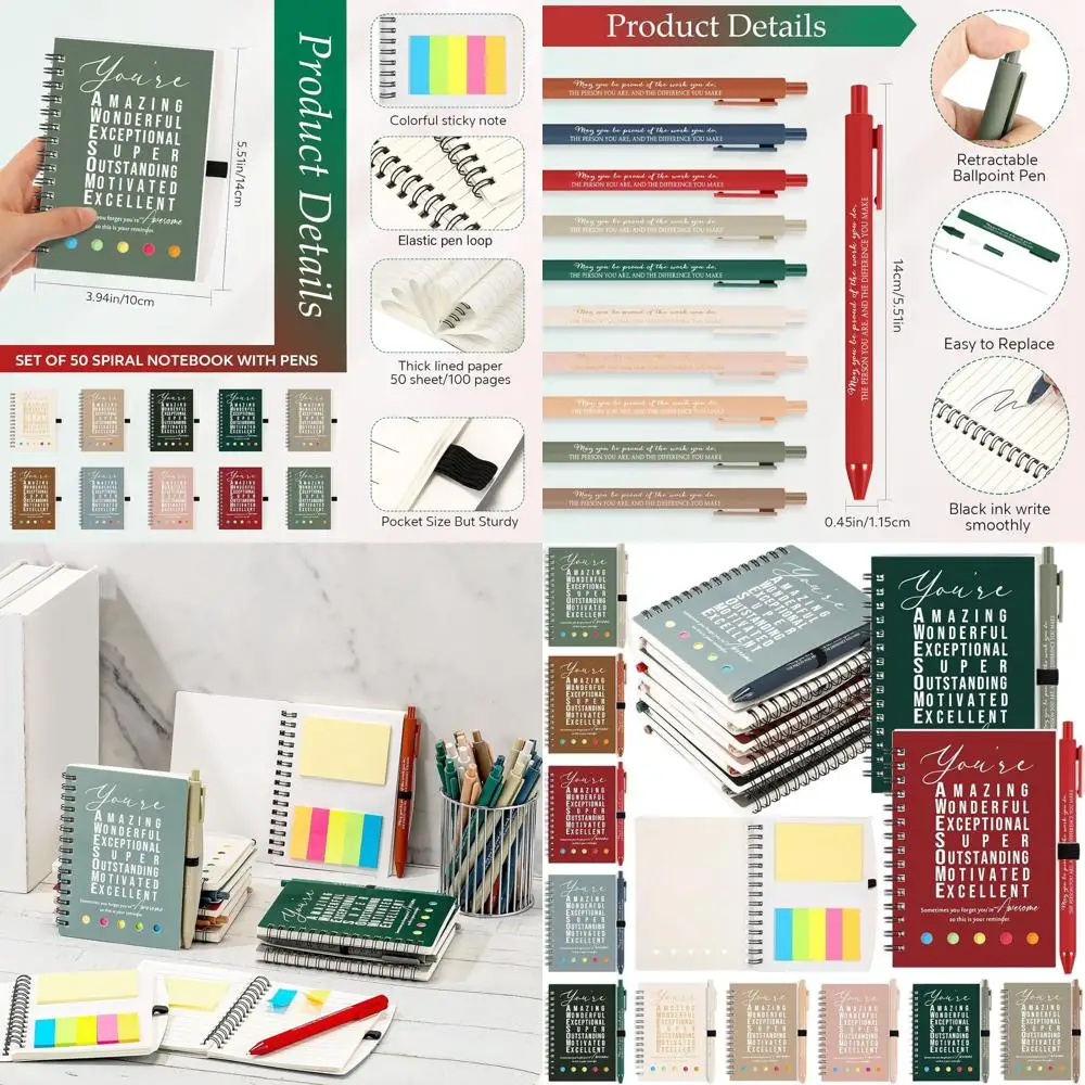 50 مجموعة من دفاتر الملاحظات الحلزونية الملهمة مكونة من 100 صفحة مع ملاحظات لاصقة - هدية كبيرة لتقدير موظف عيد الميلاد والفريق #1