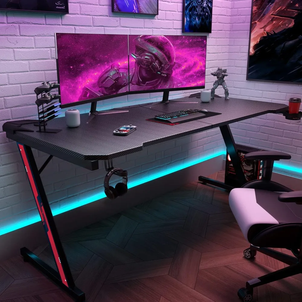 Homall Gaming Desk Computer Desk with Carbon Fiber Surface, Gaming Table Z Shaped PC Home Office with Cup Holder&Headphone Hook