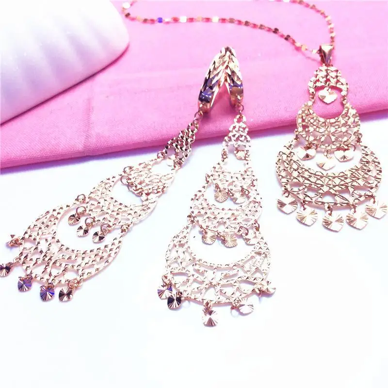 585 Purple Gold Luxury Tassel Pendant 14k Rose Gold Necklace Earrings Set Court Style Ladies Attending Wedding Moroccan Jewelry