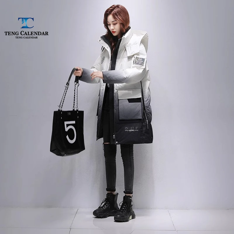 Winter Down Jacket, Medium To Long Korean Gradient Thickened Fashionable Hooded Jacket, Women's 2024 Winter New Style