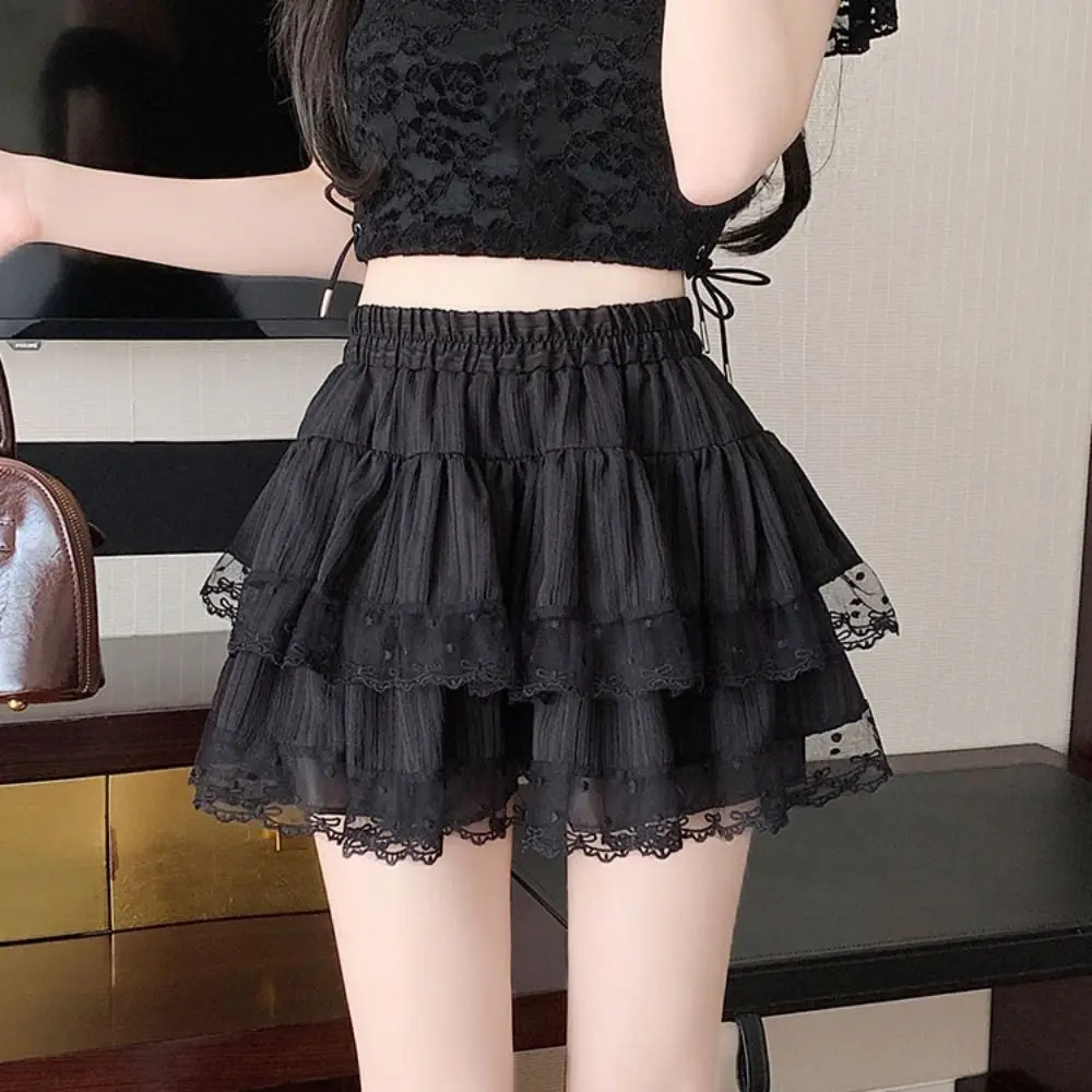 ソフトドットパフィーケーキスカート女性用スイートテクスチャードレースボウノットショートスカート、安全パンツ付き、多層Aラインショートスカート、パーティー用