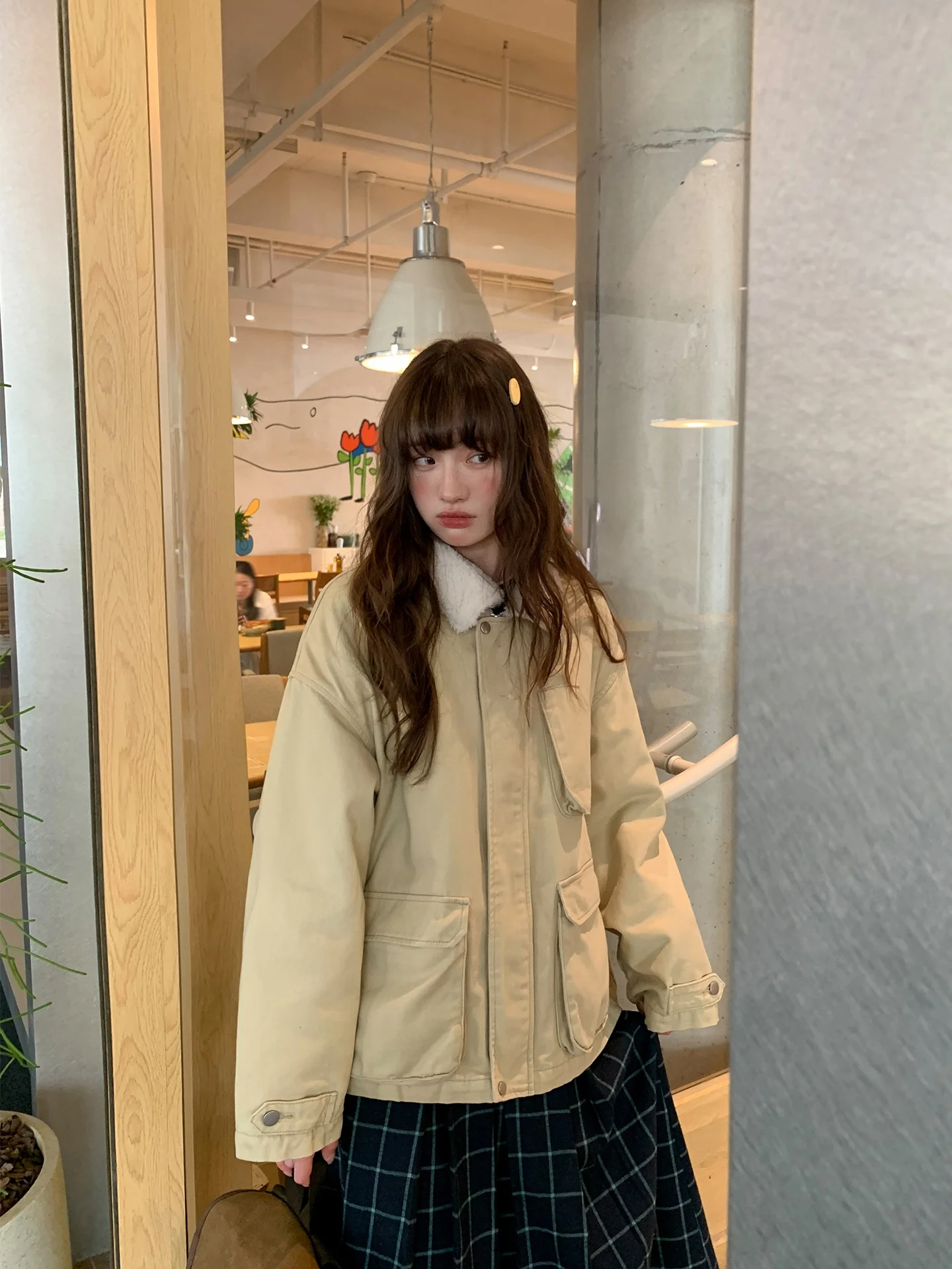 

Hello Sli Stand Collar Diagonal Cotton Filled Women's Winter Jaet with Fur Collar Thiened Design Sense Coat