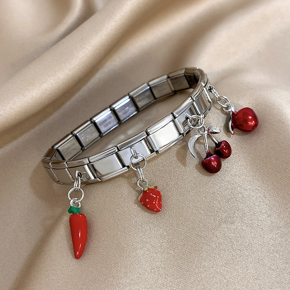 Greatera Fruits Series Stainless Steel Bangle For Women Chili Apple Cherry Strawberry Pendant Strap Bracelet Jewelry Gift Chic