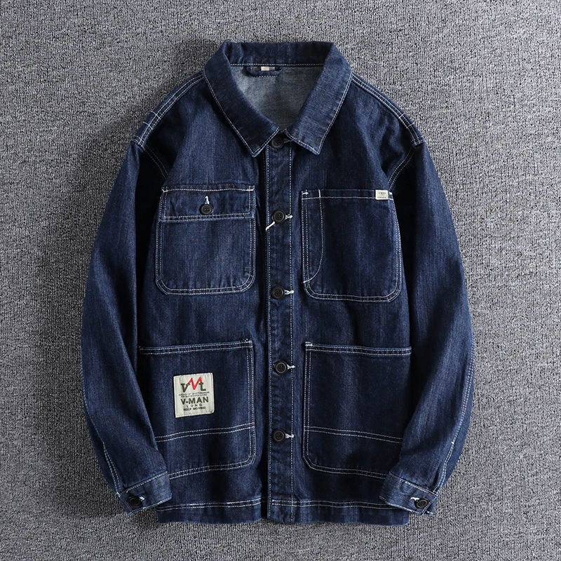 Autumn Retro Cargo Denim Jacket Men\'s Clothes Casual Jeans Coat Original Color Washed Pockets Loose Oversized Western Shirt Tops