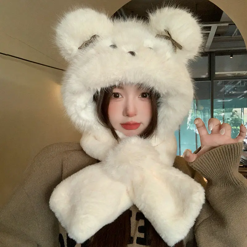 Thickened Fleece Bear Ear Hat Scarf Set Women's Winter Warm Protective Ear Lei Feng Style Hat Scarf Two-Piece Set Chinese Geo...