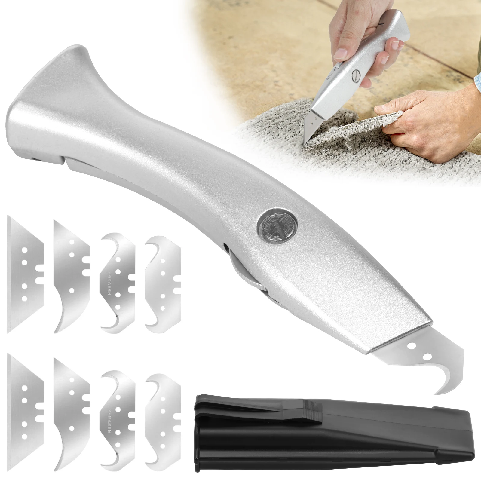 

Carpet Hook Blade Knife Ergonomic Trapezoidal Blade Utility Knife Versatile Carpet Cutter Tool with Protective Sheath