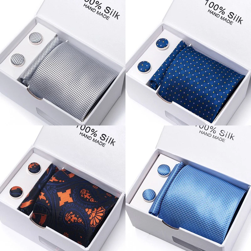 Classic Style 65 Colors Sales Silk Tie Handkerchief Cufflink Set Men Necktie Box Solid Color Sky Blue Fit Wedding Office Cravat